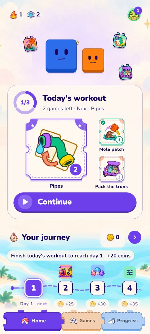 Lucimind's Home screen: today's workout of three games above the journey map.